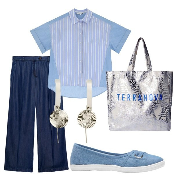Outfit donna - Serata tra amici. Stile Casual chic per Serata fuori. Abbinamento con ballerine, orecchini, borse tote, camicie a manica corta, jeans.