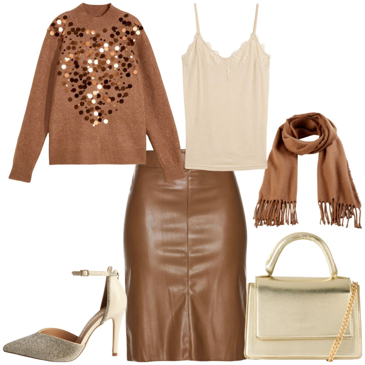 Outfit donna - Oro e cioccolato. Stile Chic per Serata fuori. Abbinamento con top, sciarpe, maglieria, gonne longuette, décolleté, borse a tracolla.