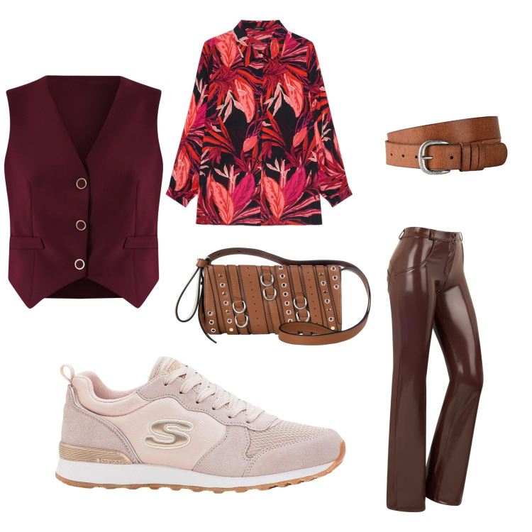 Outfit donna - Toni caldi. Stile 70s per Tutti i giorni. Abbinamento con sneakers, cinture, borse a spalla, gilet, pantaloni, camicie.