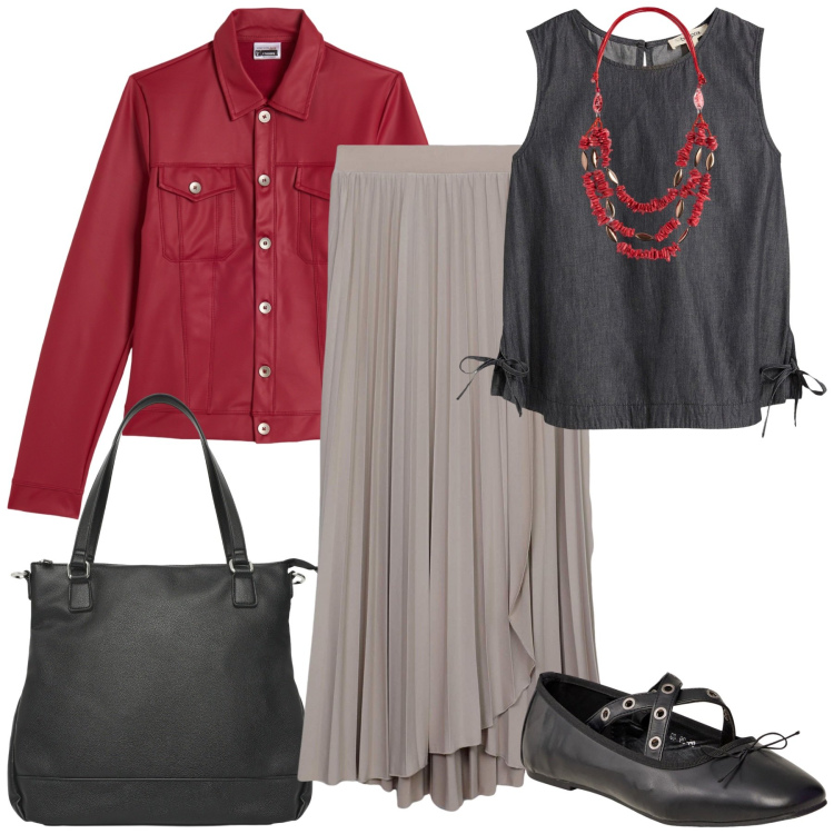 Outfit donna - In ufficio a settembre. Stile Casual chic per Ufficio. Abbinamento con top, gonne lunghe, ballerine, shopping bag, giacche, collane.