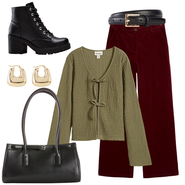 Outfit donna - Autunno bonprix. Stile Sporty chic per Scuola/Università. Abbinamento con stivaletti, pantaloni, cinture, orecchini, borse a mano, bluse.