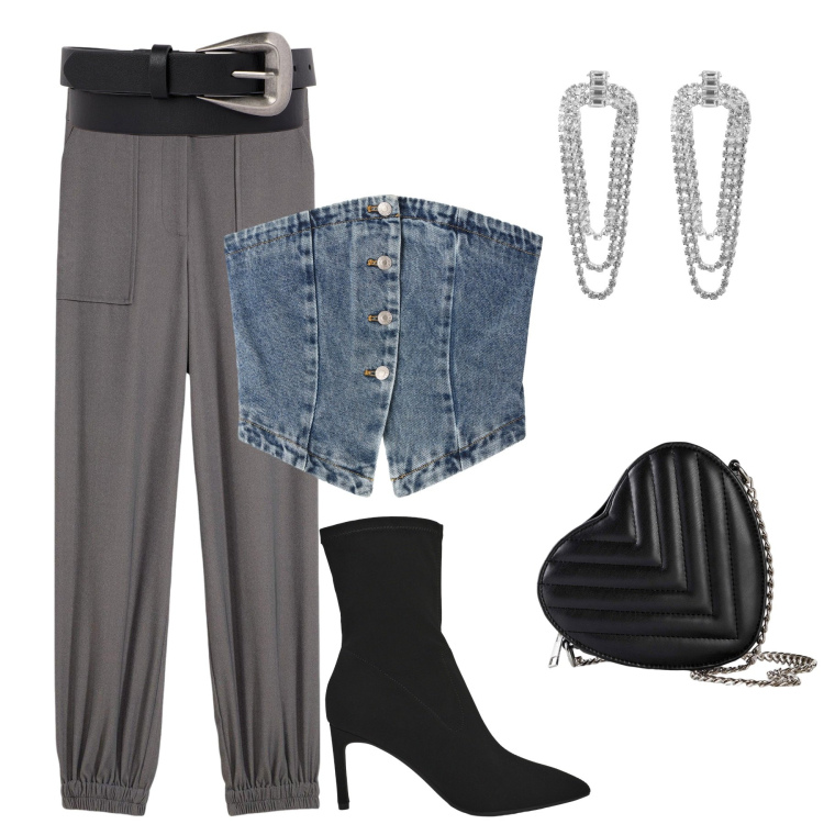 Outfit donna - In discoteca. Stile Glamour per Serata fuori. Abbinamento con pantaloni, borse a tracolla, orecchini, stivali, top, cinture.