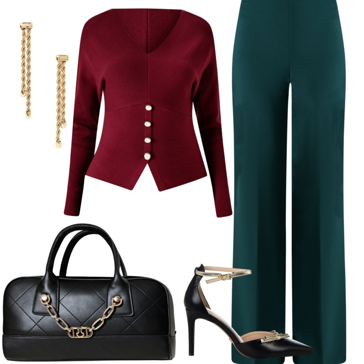 Outfit donna - Colori autunnali. Stile Casual chic per Tutti i giorni. Abbinamento con borse a mano, maglieria, pantaloni a palazzo, décolleté, orecchini.