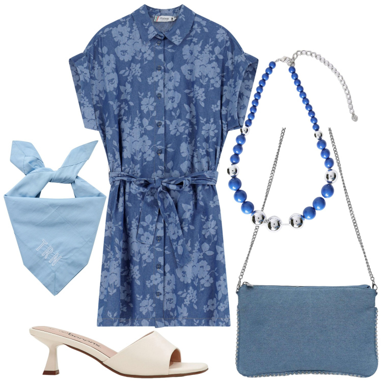 Outfit donna - Il vestito Please. Stile Casual chic per Tutti i giorni. Abbinamento con ciabatte, borse a tracolla, foulard, vestiti corti, collane.