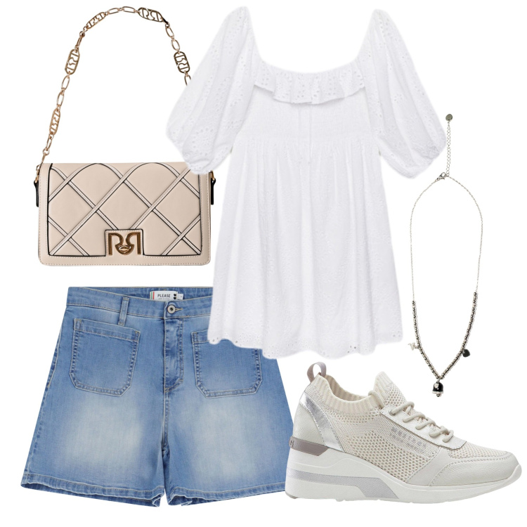 Outfit donna - Al pomeriggio. Stile Basic per Tutti i giorni. Abbinamento con sneakers, borse a tracolla, shorts, ciondoli, vestiti corti.