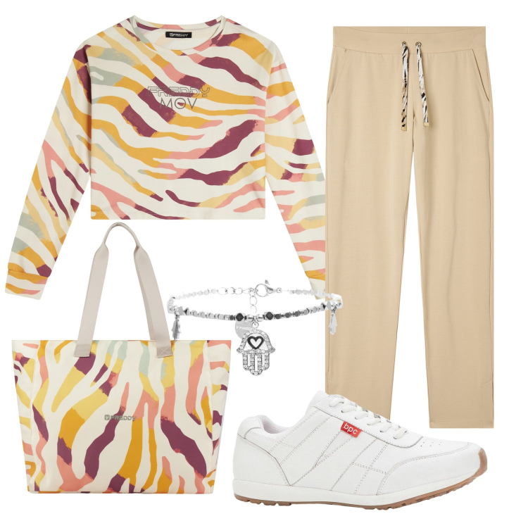 Outfit donna - Coordinata. Stile Sporty chic per Sport. Abbinamento con sneakers, felpe, pantaloni, braccialetti, shopping bag.