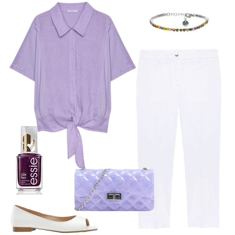 Outfit donna - Un po\' di viola. Stile Casual per Tutti i giorni. Abbinamento con ballerine, smalti, borse a tracolla, braccialetti, camicie, pantaloni chino.