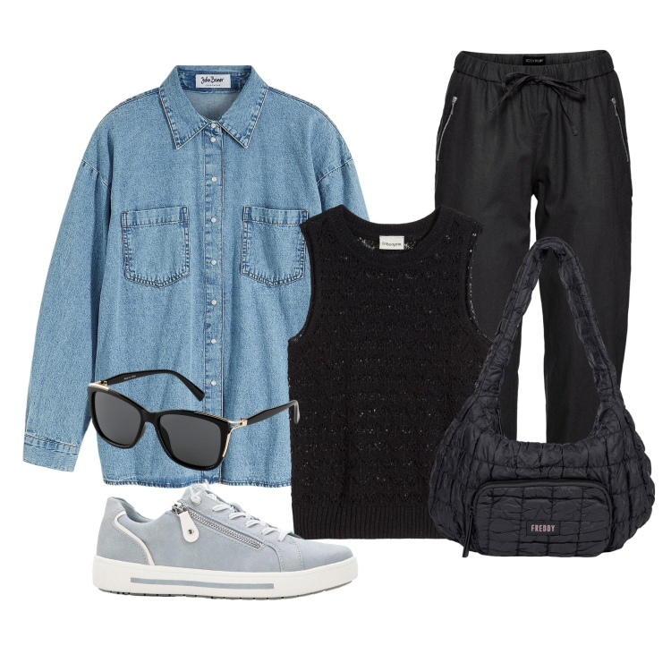 Outfit donna - Venerdì. Stile Casual per Tutti i giorni. Abbinamento con pantaloni, occhiali da sole, top, sneakers, camicie, borse a spalla.