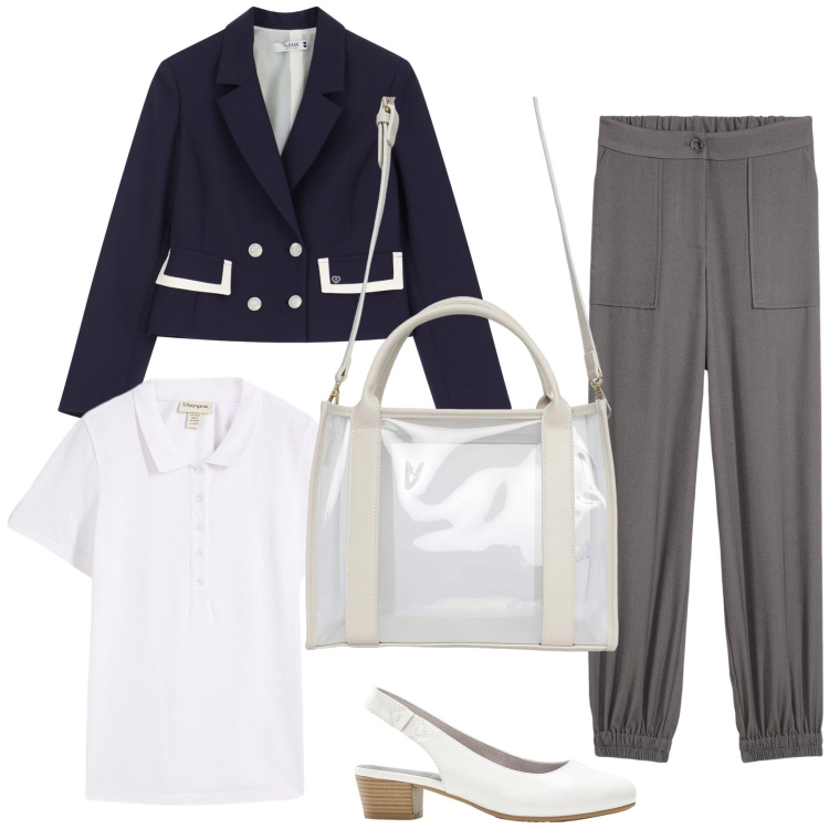 Outfit donna - La giacchina fa il look. Stile Urban per Ufficio. Abbinamento con décolleté, polo, pantaloni, borse tote, blazer.