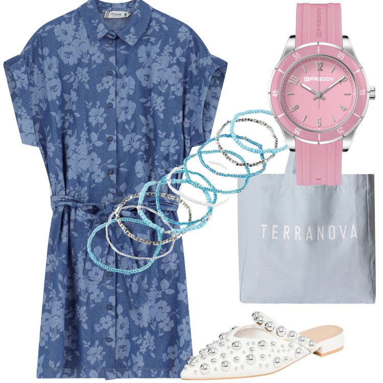 Outfit donna - Total look. Stile Trendy per Tutti i giorni. Abbinamento con braccialetti, borse tote, ballerine, vestiti corti, orologi.