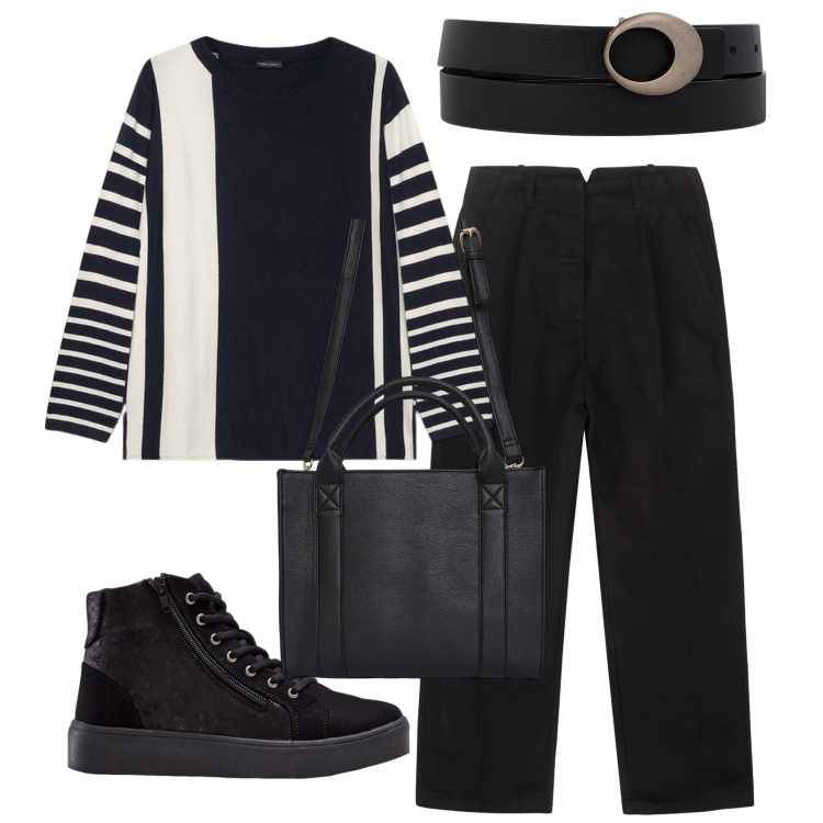 Outfit donna - Un maglioncino. Stile Casual per Tutti i giorni. Abbinamento con sneakers alte, borse tote, maglieria, pantaloni, cinture.