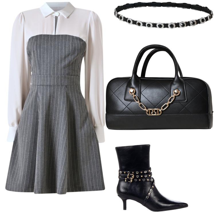 Outfit donna - Rinascimento d autunno. Stile Glamour per Ufficio. Abbinamento con vestiti corti, stivaletti, borse a mano, cinture.
