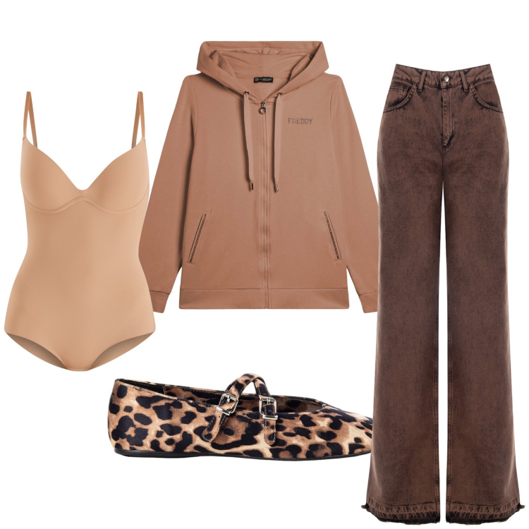 Outfit donna - La prima felpa di stagione. Stile Casual chic per Tutti i giorni. Abbinamento con body, ballerine, jeans dritti, felpe sportive.