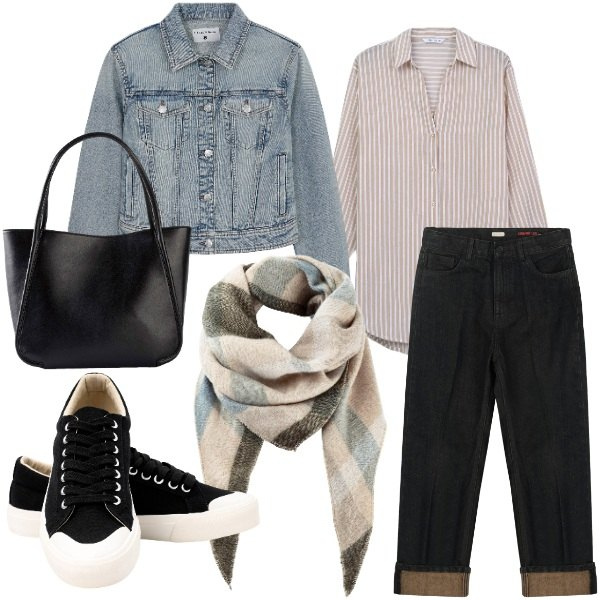 Outfit donna - Urban pastello. Stile Urban per Tutti i giorni. Abbinamento con sciarpe, shopping bag, camicie, blazer, jeans dritti, sneakers.