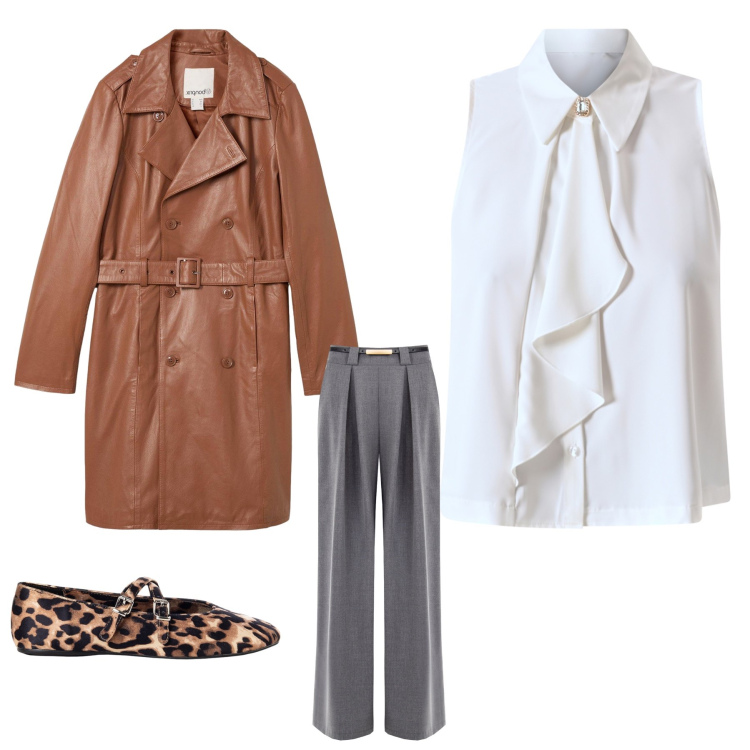 Outfit donna - Casual chic. Stile Casual chic per Ufficio. Abbinamento con trench, pantaloni a palazzo, ballerine, camicie.