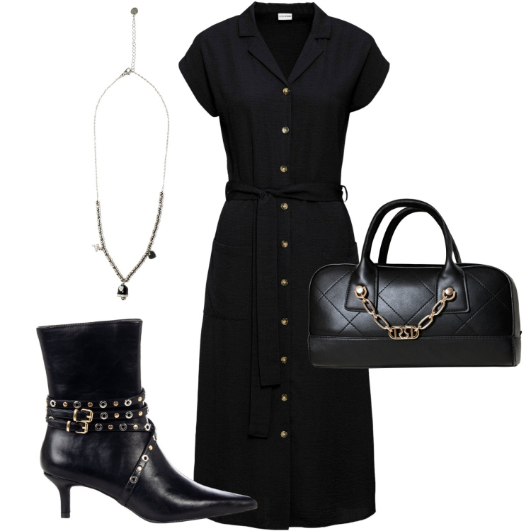 Outfit donna - Il ritorno del nero. Stile Urban per Ufficio. Abbinamento con vestiti, stivaletti, borse a mano, ciondoli.