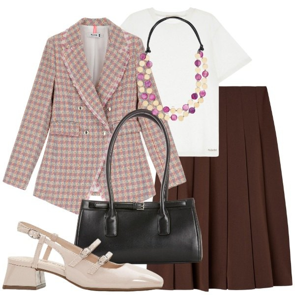 Outfit donna - Fall Collections - FW26. Stile Bon Ton per Ufficio. Abbinamento con décolleté, borse a mano, gonne lunghe, blazer, t-shirt, collane.
