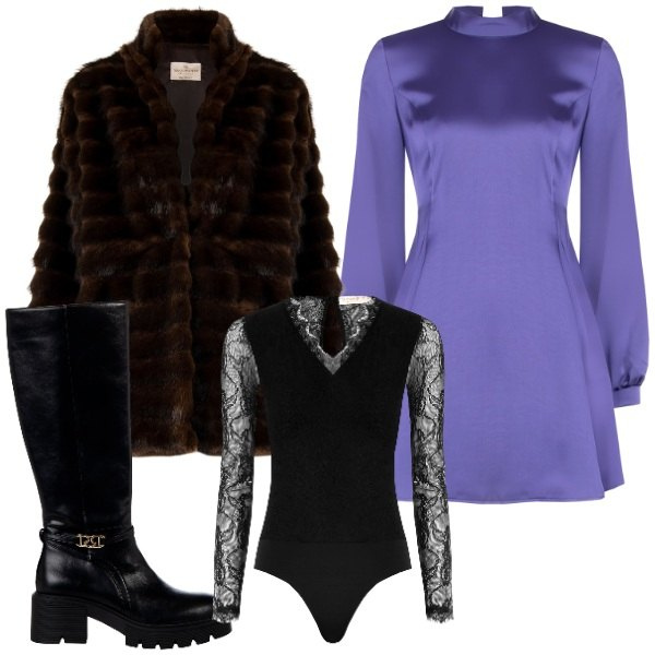 Outfit donna - Fall Collections - FW26. Stile Chic per Serata fuori. Abbinamento con cappotti, vestiti corti, stivali sopra il ginocchio, body.