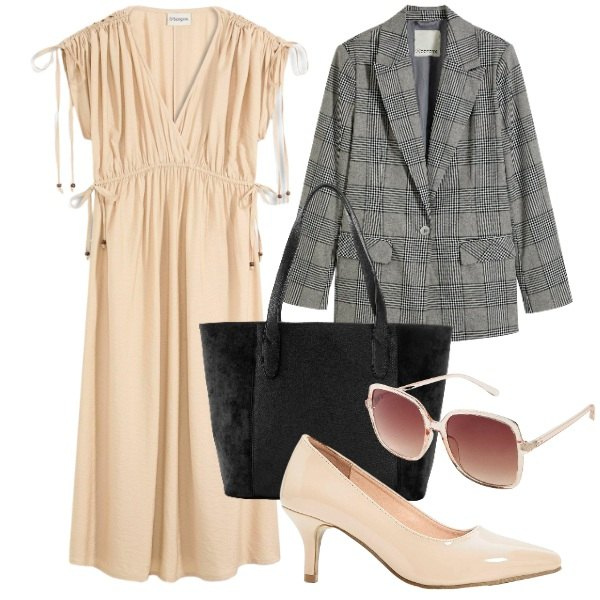 Outfit donna - bonprix - I nuovi must-have autunnali FW. Stile Bon Ton per Ufficio. Abbinamento con vestiti lunghi, shopping bag, blazer, occhiali da sole, décolleté.