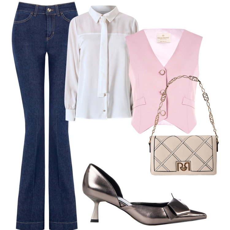Outfit donna - I️Rinascimento. Stile Glamour per Tutti i giorni. Abbinamento con décolleté, gilet, camicie, borse a tracolla, jeans a zampa.