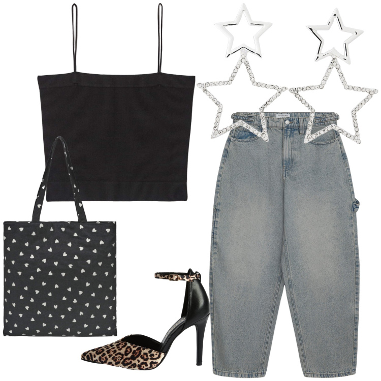 Outfit donna - Un aperitivo Terranova. Stile Glamour per Serata fuori. Abbinamento con jeans, orecchini, canottiere, décolleté, borse tote.