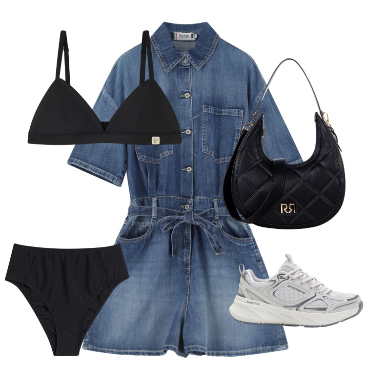 Outfit donna - Comodità. Stile Casual chic per Tutti i giorni. Abbinamento con sneakers, culotte, borse a tracolla, tuta corta, reggiseni.