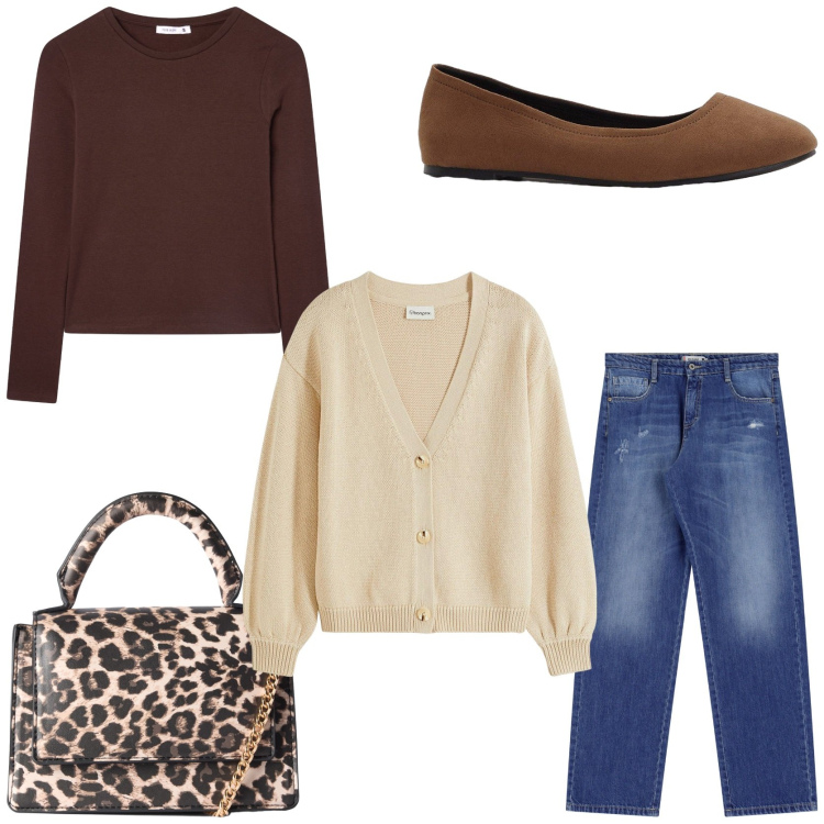 Outfit donna - Jeans e un tocco di eleganza. Stile Casual chic per Tutti i giorni. Abbinamento con ballerine, cardigans, borse a tracolla, t-shirt, jeans dritti.