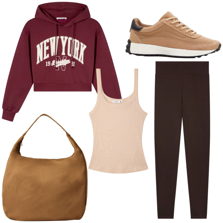 Outfit donna - Sporty. Stile Sporty chic per Sport. Abbinamento con sneakers, canottiere, borse a mano, felpe con cappuccio, leggings.