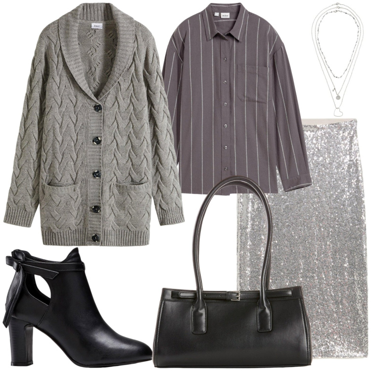 Outfit donna - Cardigan e paillettes. Stile Casual chic per Ufficio. Abbinamento con cardigans, gonne, collane, borse a mano, camicie, stivaletti.
