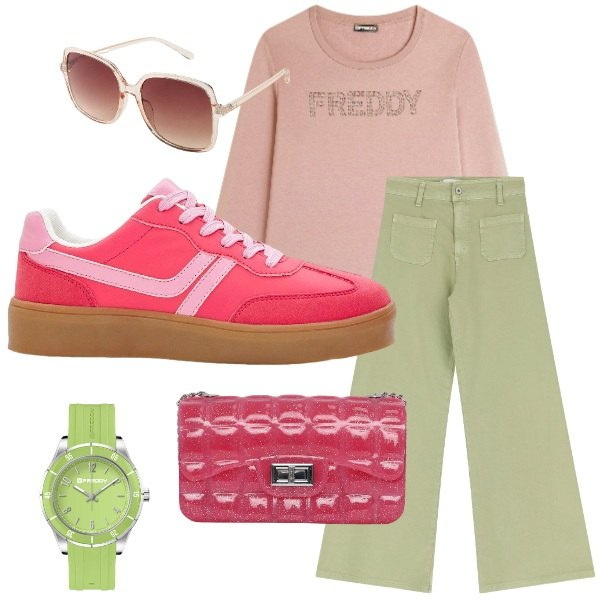 Outfit donna - Fragola e pistacchio. Stile Glamour per Tutti i giorni. Abbinamento con occhiali da sole, sneakers, borse a tracolla, jeans, felpe, orologi.