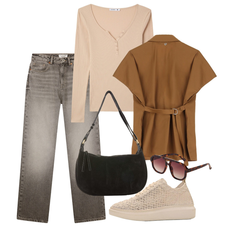 Outfit donna - Fall Collections - FW26. Stile Casual per Tutti i giorni. Abbinamento con borse a mano, occhiali da sole, sneakers, jeans dritti, t-shirt, camicie.