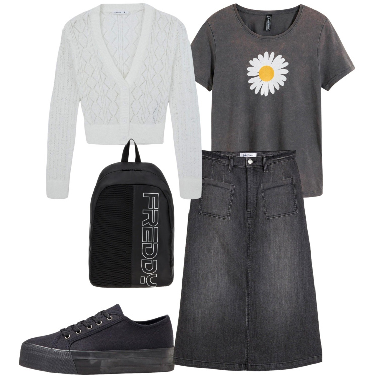 Outfit donna - Total look #2237428. Stile Casual per Scuola/Università. Abbinamento con gonne longuette, t-shirt, sneakers, cardigans, zaini.