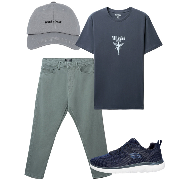 Outfit uomo - Rientro casual. Stile Casual per Tutti i giorni. Abbinamento con sneakers, cappelli con visiera, jeans, t-shirt.