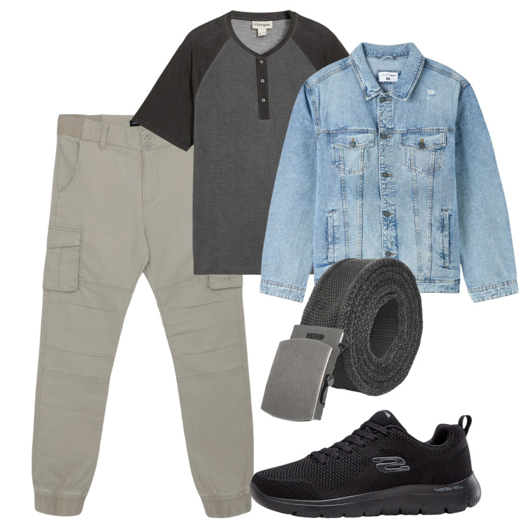 Outfit uomo - Agosto rientro. Stile Casual per Tutti i giorni. Abbinamento con sneakers, t-shirt, giacche, pantaloni cargo, cinture.