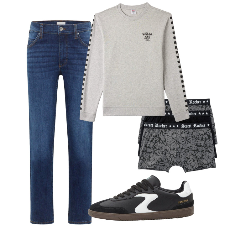 Outfit uomo - Tempo libero. Stile Casual per Tutti i giorni. Abbinamento con jeans dritti, sneakers, boxer, felpe.