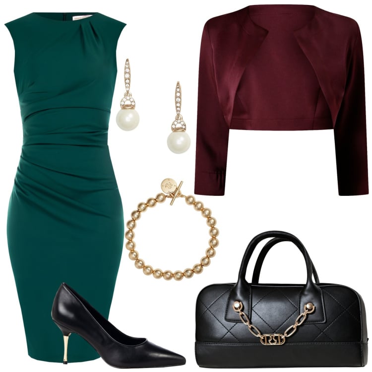 Outfit donna - La sera in autunno. Stile Casual chic per Serata fuori. Abbinamento con vestiti a tubino, décolleté, borse a mano, bolero, braccialetti, orecchini.