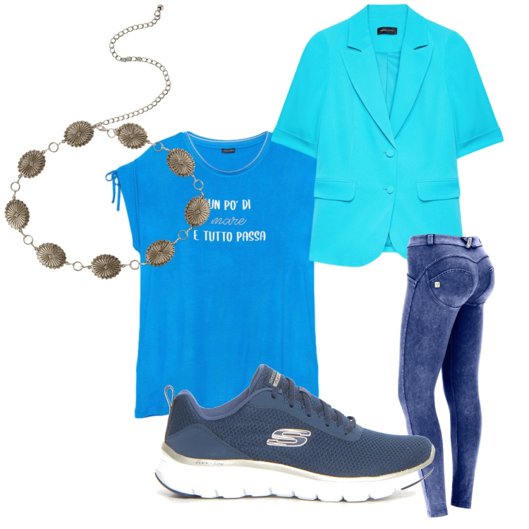 Outfit donna - Total look #2237448. Stile Casual Abbinamento con cinture, pantaloni skinny, t-shirt, blazer, sneakers.