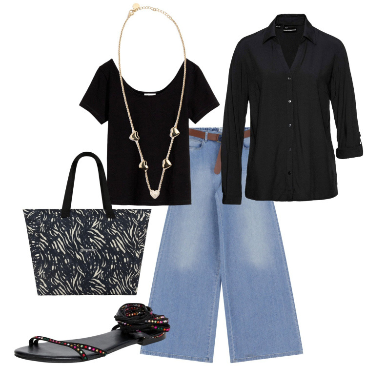 Outfit donna - Total look #2237455. Stile Casual per Tutti i giorni. Abbinamento con camicie, t-shirt, sandali alla schiava, jeans, shopping bag, collane.