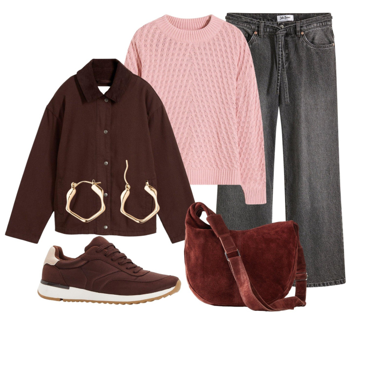 Outfit donna - Look autunnale. Stile Casual per Tutti i giorni. Abbinamento con borse a mano, blazer, maglieria, sneakers, jeans, orecchini.