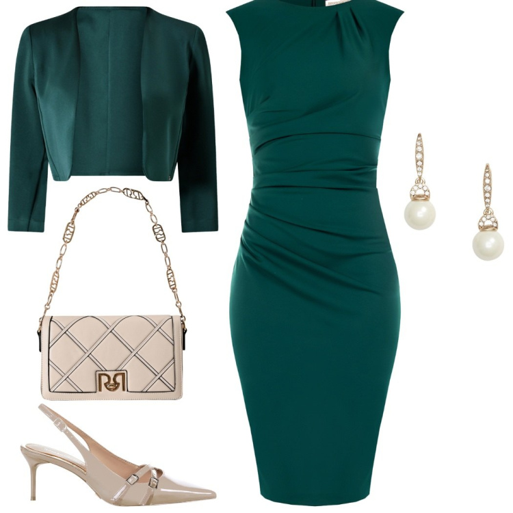 Outfit donna - Cerimonie in autunno. Stile Bon Ton per Cerimonia. Abbinamento con vestiti a tubino, borse a tracolla, décolleté, bolero, orecchini.