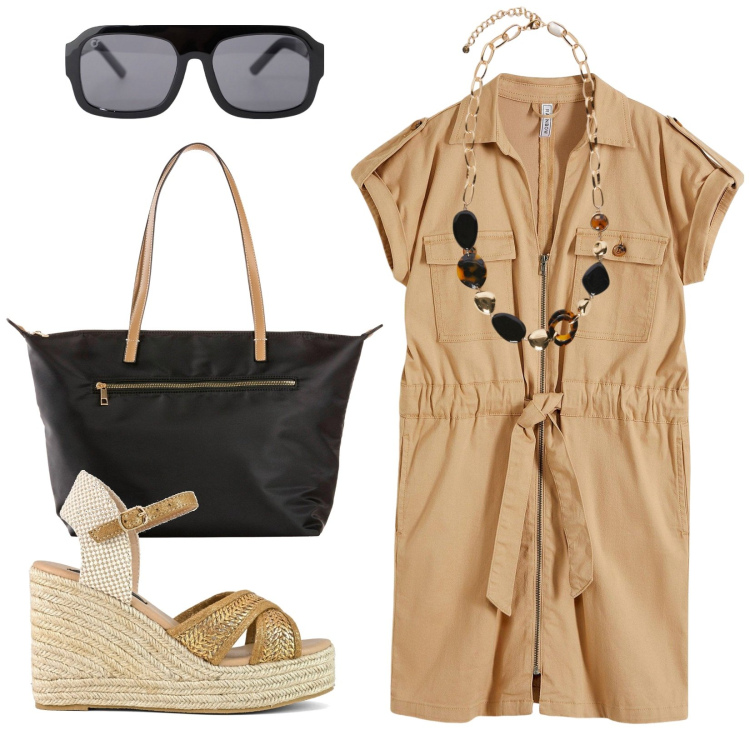 Outfit donna - Chemisier di fine agosto. Stile Casual per Tutti i giorni. Abbinamento con vestiti, shopping bag, occhiali da sole, zeppe, collane.