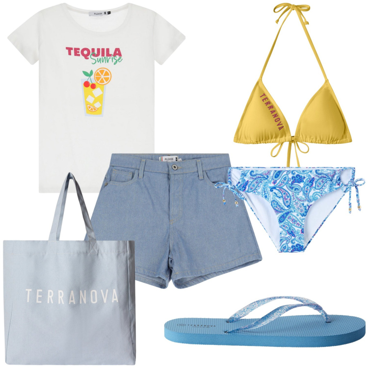 Outfit donna - Cocktail al bar della spiaggia. Stile Trendy per Mare. Abbinamento con infradito, bikini, bikini, borse tote, shorts, t-shirt.