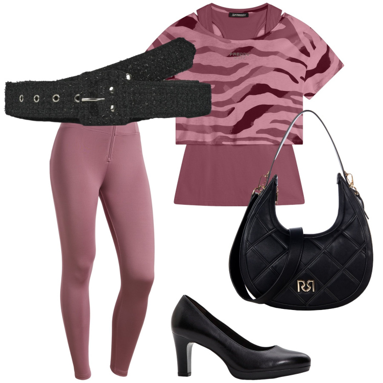 Outfit donna - Caffè con amici. Stile Trendy per Tutti i giorni. Abbinamento con décolleté, cinture, borse a tracolla, pantaloni skinny, t-shirt.