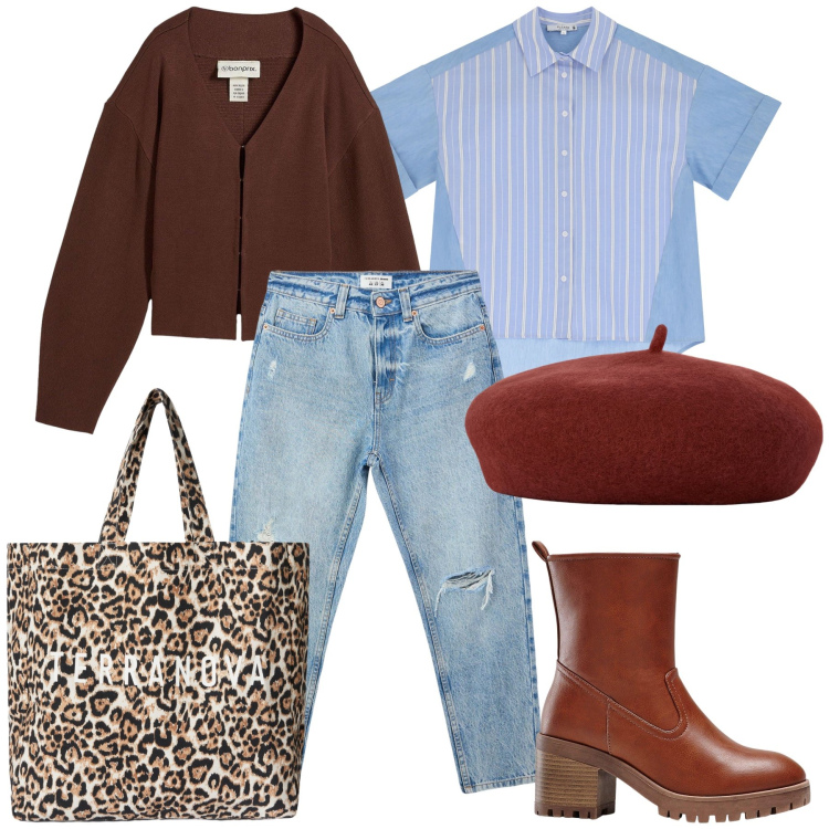 Outfit donna - A Paris. Stile Trendy per Tutti i giorni. Abbinamento con stivaletti, cardigans, jeans mom, borse tote, camicie a manica corta, cappelli e berretti.