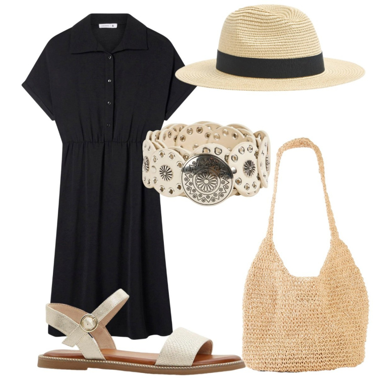 Outfit donna - Giornata in un borgo estivo. Stile Casual per Tutti i giorni. Abbinamento con sandali, shopping bag, vestiti chemisier, cinture, cappelli.