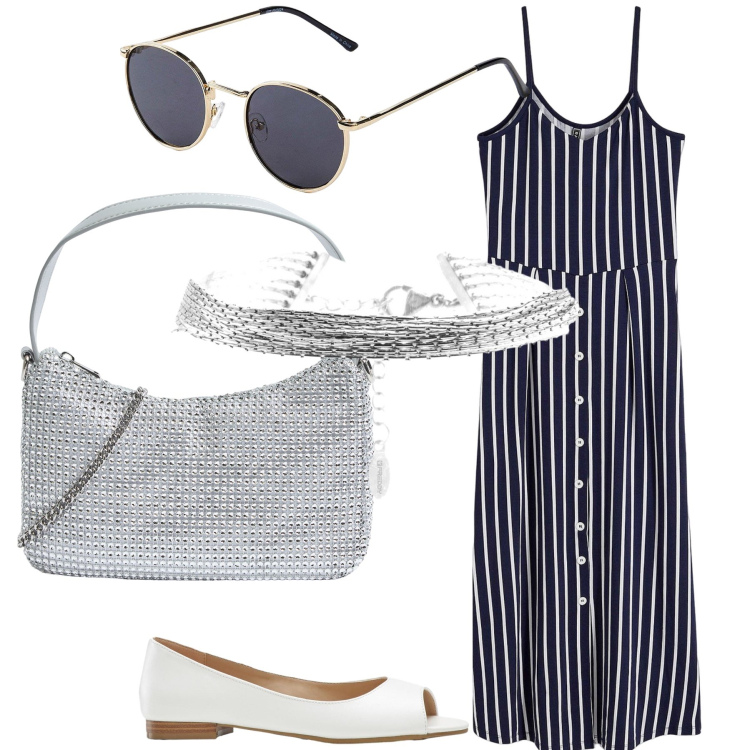 Outfit donna - Righe di luce sul lungomare. Stile Bon Ton per Tutti i giorni. Abbinamento con occhiali da sole, ballerine, vestiti midi/longuette, borse a tracolla, braccialetti.