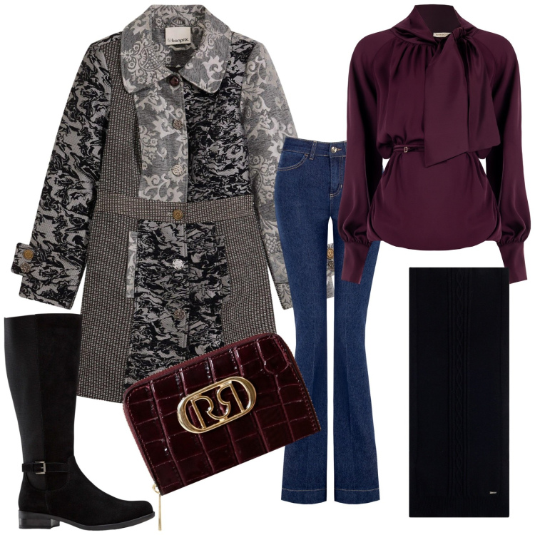 Outfit donna - Sera d\'autunno. Stile Casual chic per Serata fuori. look ideale per Tall. Abbinamento con cappotti, stivali, bluse, portafogli, jeans a zampa, sciarpe.