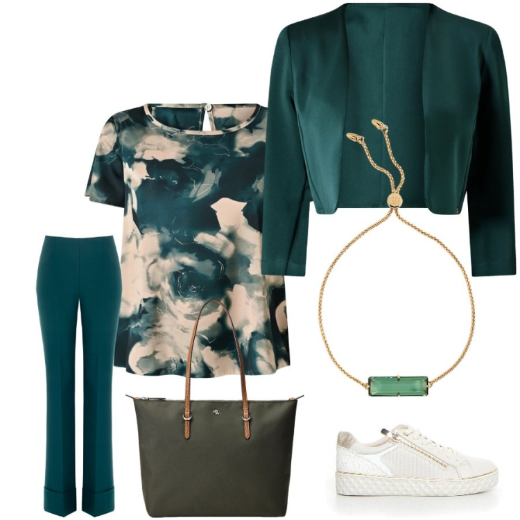 Outfit donna - Verde. Stile Casual chic per Ufficio. Abbinamento con bluse, bolero, pantaloni a palazzo, borse tote, braccialetti, sneakers.