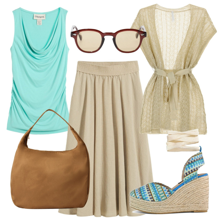 Outfit donna - Deliziosa. Stile Romantica per Tutti i giorni. Abbinamento con gonne longuette, top, borse a mano, cappotti, occhiali da sole, zeppe.