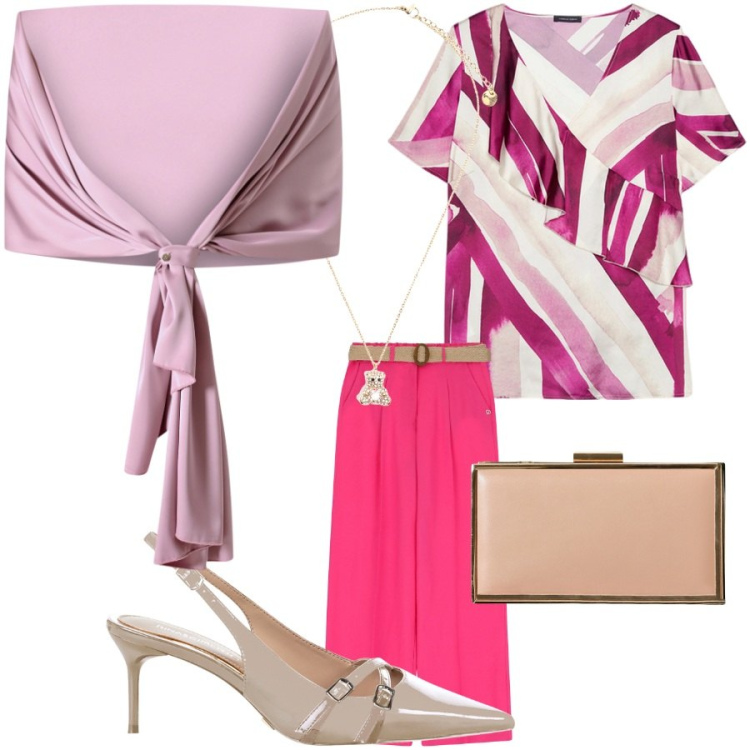 Outfit donna - Rosa e fucsia. Stile Glamour per Cerimonia. Abbinamento con scialli, pochette, décolleté, pantaloni, ciondoli, bluse.